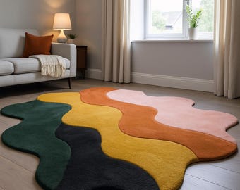 Modern Abstract Wool Rug, Wavy Multicolor Handmade Living Room Carpet, Unique Irregular Shape Decor