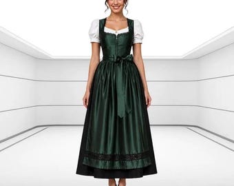 Ciemnozielona sukienka dirndl z jedwabnego satyny – elegancki tradycyjny strój austriacki dla kobiet