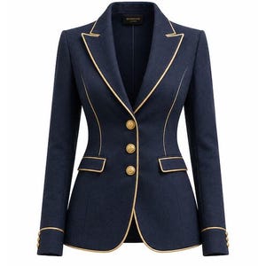 May include: A dark navy blue blazer featuring gold piping along the lapels, front edges, and cuffs. The jacket includes three gold-toned buttons down the front closure and three smaller gold buttons on each sleeve cuff, with two flap pockets.