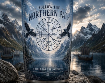 Follow the Northern Path Travel Mug, 15oz Viking Tumbler, Vegvisir Norse Coffee Cup, Raven Nordic Pagan Gift