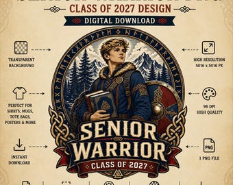 Senior Warrior Class of 2027 PNG, Viking Graduation Design, Senior Shirt PNG, Nordic Graduate Sublimation, Class of 2027 Digital Download