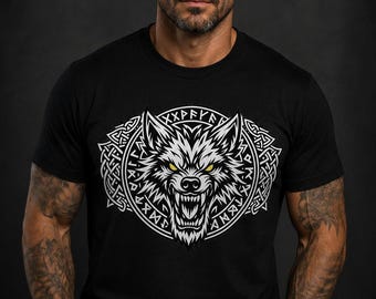 Fenrir Wolf Viking T-Shirt, Norse Wolf Shirt, Nordic Warrior Tee, Rune Circle Design, Scandinavian Mythology Gift For Men