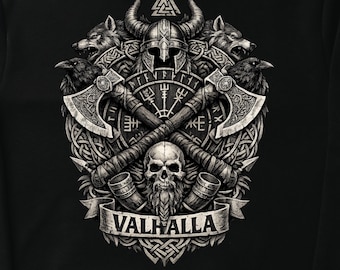 Valhalla Awaits T-Shirt – Viking Warrior Shield & Axe, Nordic Norse Mythology Tee