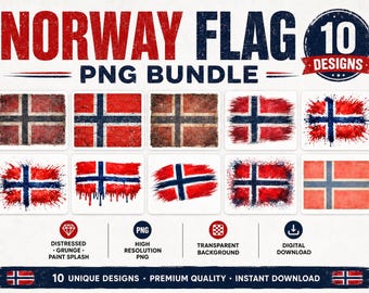 Norway Flag PNG Bundle, 10 Distressed Norwegian Flags, Grunge Paint Splash PNG, Norway Clipart, Sublimation Design, Commercial Use