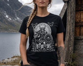 Valkyrie Warrior Shirt, Norse Mythology T-Shirt, Viking Shieldmaiden Tee, Nordic Rune Graphic Shirt, Raven Warrior Gift