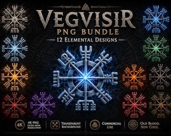 Vegvisir PNG Bundle, 12 Elemental Norse Compass Designs, Viking Symbol Clipart, Transparent 4K PNG, Commercial Use