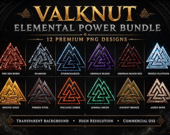 Viking Valknut PNG Bundle, 12 Elemental Norse Symbols, Fire Ice Gold Obsidian Designs, Commercial Use Digital Download
