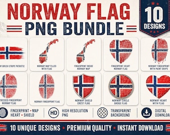 Norway Flag PNG Bundle, 10 Norwegian Fingerprint Designs, Norway Map Heart Shield PNG, Scandinavian Clipart, Commercial Use