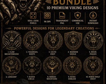 Fenrir Viking PNG Bundle | 10 Norse Wolf Designs | Viking Clipart Pack | Nordic Mythology PNG | Valknut Rune Art | POD Commercial Use