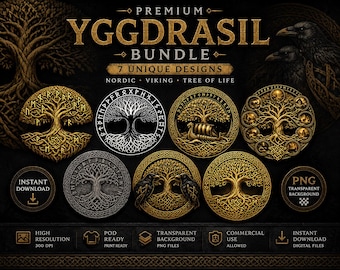 Yggdrasil Bundle PNG | Viking Tree of Life Collection | Norse Rune Circle Art | Nordic Engraving Designs | POD Ready