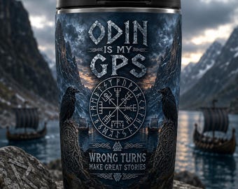Odin Is My GPS Travel Mug, 15oz Stainless Steel Viking Tumbler, Vegvisir Raven Norse Pagan Gift, Nordic Coffee Cup