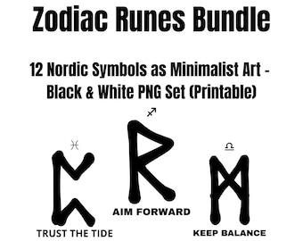 Zodiac Runes Bundle – 12 Nordic Symbols as Minimalist Art – Black & White PNG Set (Printable)