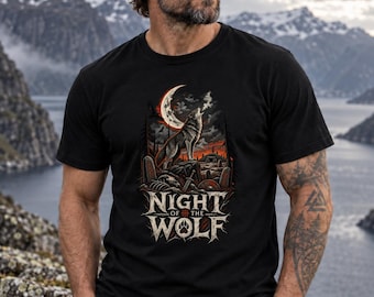 Night of the Wolf Shirt, Viking Wolf T Shirt, Norse Mythology Tee, Howling Wolf Moon Shirt, Gothic Viking Raven Shirt