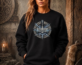 Mjolnir Thor Hammer Viking Sweatshirt, Norse Mythology Crewneck, Viking Rune Sweater, Nordic Pagan Gift for Men
