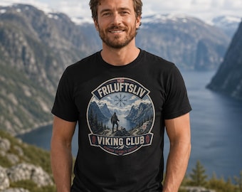 Friluftsliv Viking Club Shirt, Norway Hiking T-Shirt, Nordic Fjord Adventure Tee, Scandinavian Outdoor Shirt, Viking Travel Gift