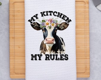 My Kitchen My Rules Cow Waffle Kitchen Dish Towel Funny Snarky Sarcastic Gift For Her