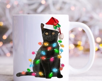 Christmas Black Cat Tree Lights Santa Hat Christmas Gift 11 oz Coffee Mug
