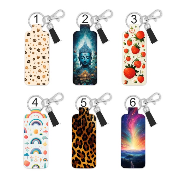 Lip Balm Key Ring Keychain Holder Paw Prints, Budda, Strawberries, Rainbows, Leopard Print, Northern Lights With Tassel Custom Made