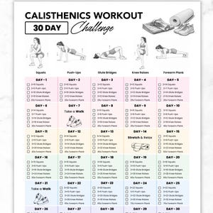 30 Day Calisthenics Workout Challenge Printable PDF, Bodyweight Exercises Routine, No Equipment Fitness Plan, Beginner-Friendly Calisthenics