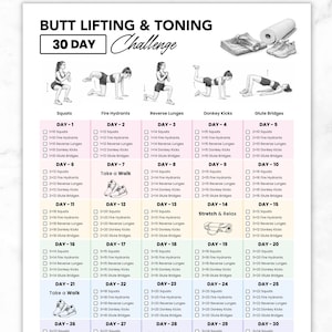 Reto imprimible en PDF para levantar y tonificar los glúteos en 30 días, ejercicios para levantar y tonificar los glúteos, 5 ejercicios para los glúteos, tabla de ejercicios para los glúteos, ejercicios de cadera para principiantes.