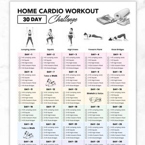 30 Day Home Cardio Workout Challenge Printable PDF, Full Body Cardio Exercise Plan, Daily Cardio Routine, Home & Gym Cardio Training Program