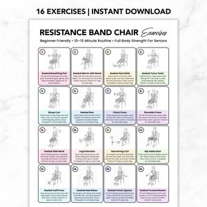 Ejercicios con banda de resistencia en silla para personas mayores (PDF imprimible), ejercicios con banda de bajo impacto y fáciles, entrenamiento en silla para personas mayores, ejercicio con banda sentado.