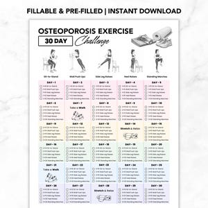 30 Day Osteoporosis Exercise Challenge Printable PDF, Bone Density Workout, Low Impact Bone Exercises, Gentle Workouts Plan For Strong Bones