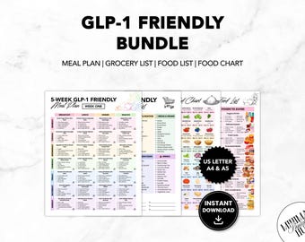 May include: A GLP-1 Friendly Bundle digital printable set featuring a 5-week meal plan, grocery list, food list, and food chart. The documents include text in black on white backgrounds with colorful accents, available in US Letter, A4, and A5 sizes.