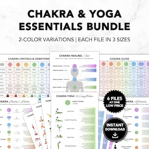 Puede incluir: Un paquete de guías imprimibles de yoga y chakras. El paquete incluye gráficos, guías y afirmaciones para el equilibrio energético y la alineación interna. El texto de la imagen dice "Chakra & Yoga Essentials Bundle" y "Instant Download".
