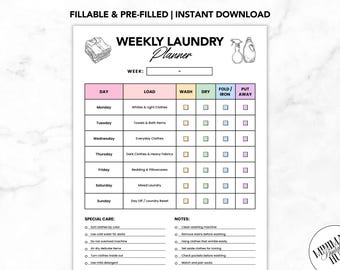 Planificador semanal de lavandería en PDF imprimible, Calendario de lavandería para el hogar, Guía de cuidado de la ropa, Tabla de rutinas de lavandería