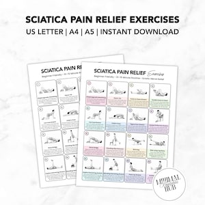 Op de afbeelding: Twee witte afdrukbare vellen met illustraties van oefeningen voor pijnverlichting bij ischias. De tekst bovenaan luidt "SCIATICA PAIN RELIEF EXERCISES" en "US LETTER | A4 | A5 | INSTANT DOWNLOAD". De vellen zijn gelabeld "Beginner Friendly - 10-15 Minute Routine".