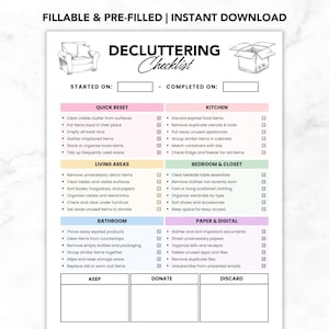 PDF imprimable, liste de contrôle pour le désencombrement, plan de désencombrement pour le nettoyage de la maison, liste de contrôle pour le désencombrement de la maison, guide de désencombrement par pièce