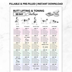 30 Day Butt Lift Challenge Printable PDF, Butt Lifting & Toning Exercises, 5 Glute Exercises, Booty Workout Chart, Hip Workout for Beginners