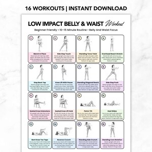 Low Auswirkungen Bauch und Taille Workout druckbare PDF, Flachbauch Übung Poster, kleine Taille Workout-Chart, Bauchfett Workout, Low Auswirkungen Fitness