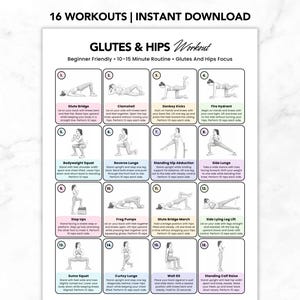 PDF para imprimir com treino de glúteos e quadris, exercícios diários para glúteos para iniciantes, exercícios para a parte inferior do corpo, treino sem equipamentos, treino de quadris para mulheres.
