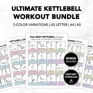 Puede incluir: Un paquete de entrenamiento digital con varias páginas imprimibles tituladas Ultimate Kettlebell Workout Bundle. Cada página contiene ilustraciones de ejercicios numeradas con instrucciones, recuadros de colores y una insignia circular negra que dice Bonus Included y Instant Download.