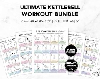 May include: A digital workout bundle featuring multiple printable pages titled Ultimate Kettlebell Workout Bundle. Each page contains numbered exercise illustrations with text instructions, color-coded boxes, and a black circular badge stating Bonus Included and Instant Download.