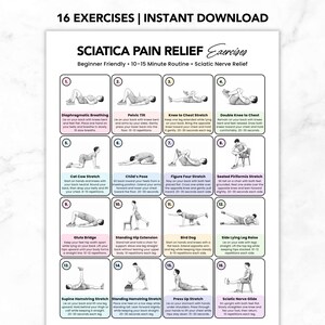 Ejercicios para aliviar el dolor de ciática (PDF imprimible), ejercicios para el nervio ciático y la zona lumbar, rutina completa para principiantes para aliviar la ciática.
