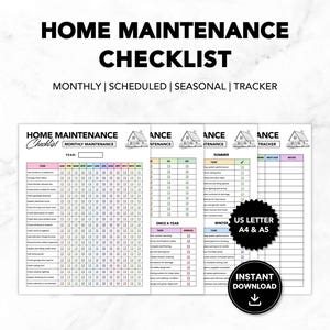 Lista de verificação de manutenção residencial em PDF para impressão, manutenção residencial mensal, trimestral e anual, manutenção residencial sazonal, rastreador de manutenção residencial