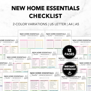 Op de afbeelding: Een verzameling afdrukbare checklists getiteld "New Home Essentials Checklist" met 2 kleuropties. De checklists behandelen verschillende huiselijke gebieden en taken, waaronder badkamer-, keuken- en verhuisbenodigdheden. De afbeelding toont 12 pagina's die direct te downloaden zijn.