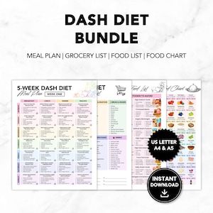 Op de afbeelding: Een bundel afdrukbare DASH-dieetbronnen, waaronder een maaltijdplan, boodschappenlijst en voedselgrafiek. De documenten zijn beschikbaar in US Letter, A4 en A5 formaten. De titel "DASH DIET BUNDLE" staat bovenaan.