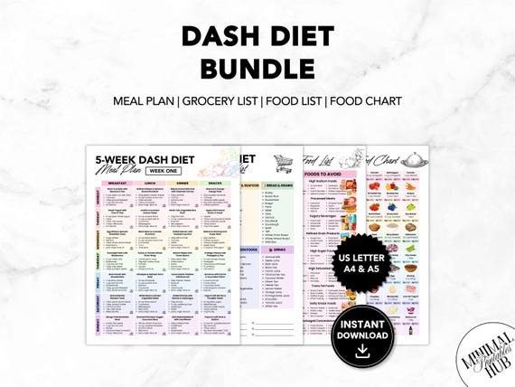 DASH Diet Bundle Printable, DASH Food List, DASH Diet Meal Plan, Dash Diet Food Chart, Dash Grocery List, Low Salt To Control Blood Pressure