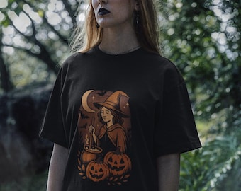 Witch Cauldron Halloween T-Shirt, Vintage Witchy Graphic Tee, Spooky Pumpkin Shirt, Mystic Fall Top, Gothic Halloween Aesthetic Tee