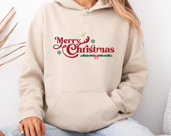 Merry Christmas Hoodie, Festive Holiday Sweatshirt, Cozy Xmas Hoodie, Winter Season Gift, Christmas Graphic Hooded Sweatshirt