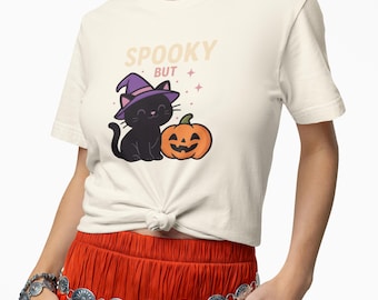 Unisex Jersey Short Sleeve Tee, Cute Black Cat Halloween T-Shirt, Kawaii Witch Cat and Pumpkin Tee, Spooky But Cute Shirt