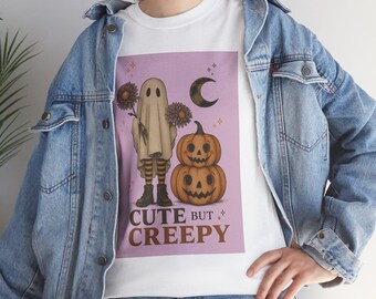 Unisex T-Shirt aus schwerer Baumwolle, süßes aber gruseliges Halloween-Shirt, Retro-Geist-Kürbis-T-Shirt, Vintage gruseliges ästhetisches T-Shirt