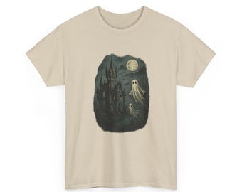 Maglietta con fantasmi del castello infestato / Maglietta vintage di Halloween / Maglietta gotica per la notte di luna / Regalo spettrale per la casa infestata / Estetica horror retrò