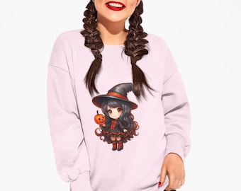 Cute Chibi Witch Girl Shirt, Kawaii Halloween T-Shirt, Adorable Pumpkin Witch Tee, Anime Style Fall Graphic Top