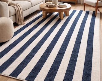 Navy Blue and Ivory Striped Rug, Modern Minimalist Area Rug, Coastal Style Living Room Carpet, Handmade Tufted Wool Look Rug