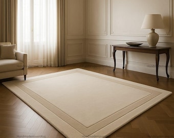 Minimalist Cream Wool Area Rug, Neutral Beige Hand Tufted Carpet, Modern Border Rug for Living Room Bedroom Decor